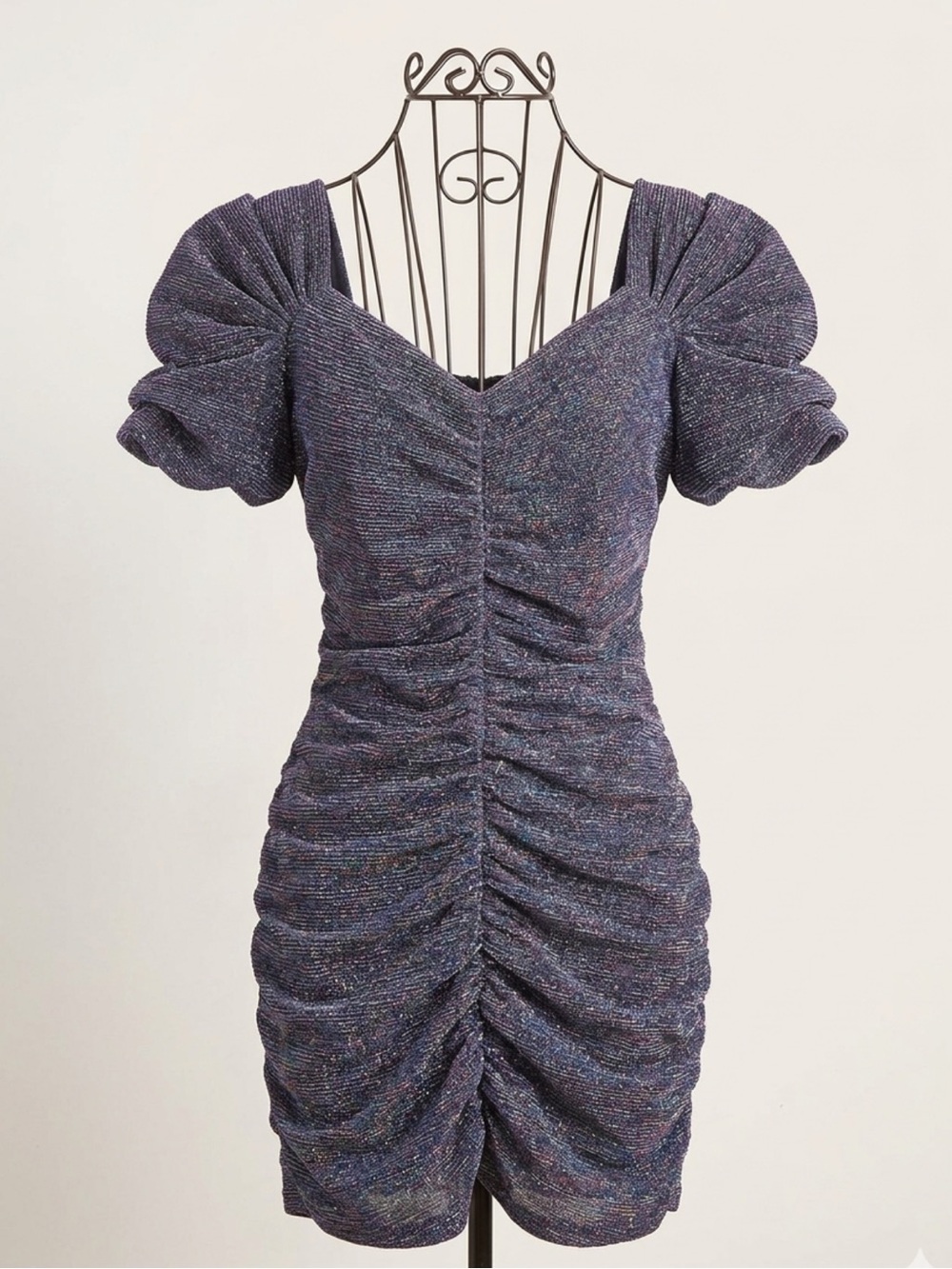 Astr Ruched Puff-Sleeve Mini Dress in Heathered Purple